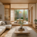 Japanese minimalist living room with natural light and space-saving design.