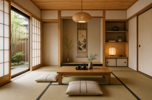 Tatami room with shoji screens, natural wood, and minimalist Japanese design.