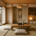 Tatami room with shoji screens, natural wood, and minimalist Japanese design.