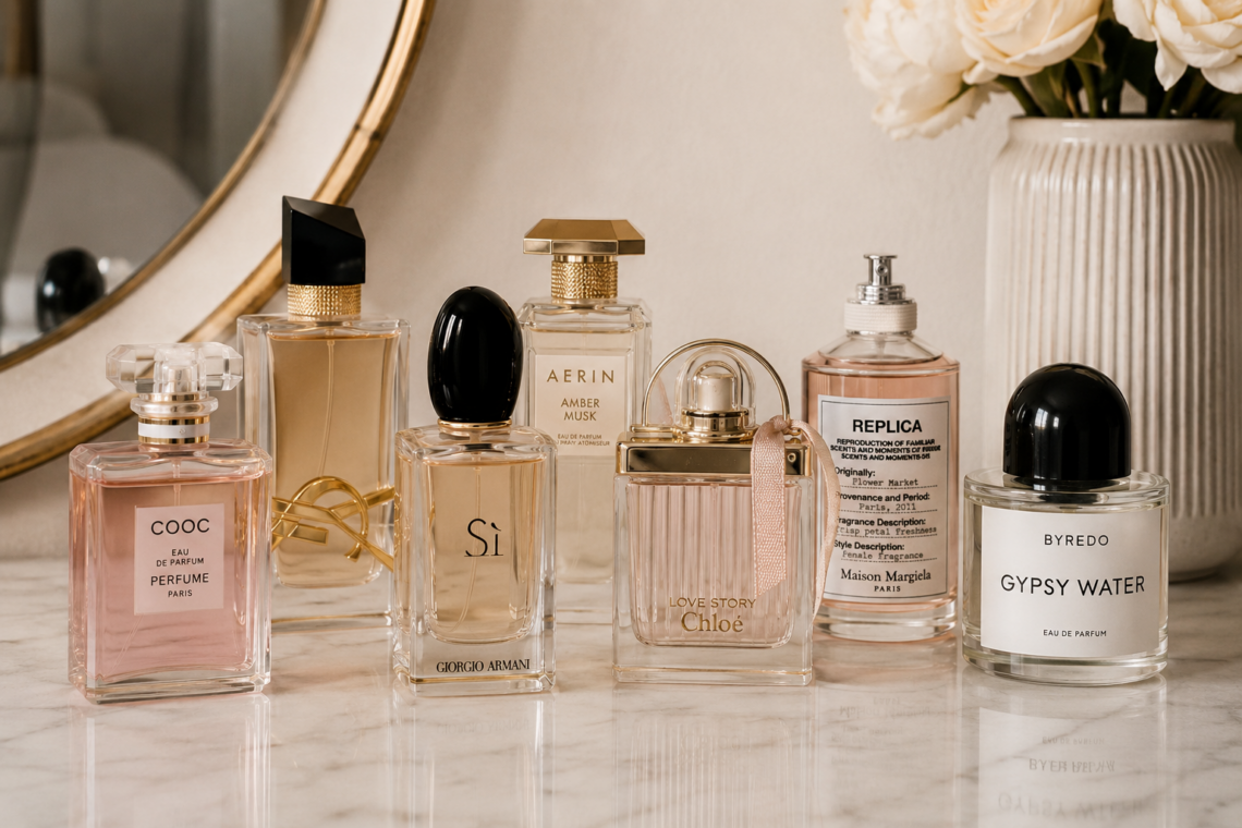 Expensive-smelling perfumes under $50 displayed in an elegant luxury-inspired fragrance collection.