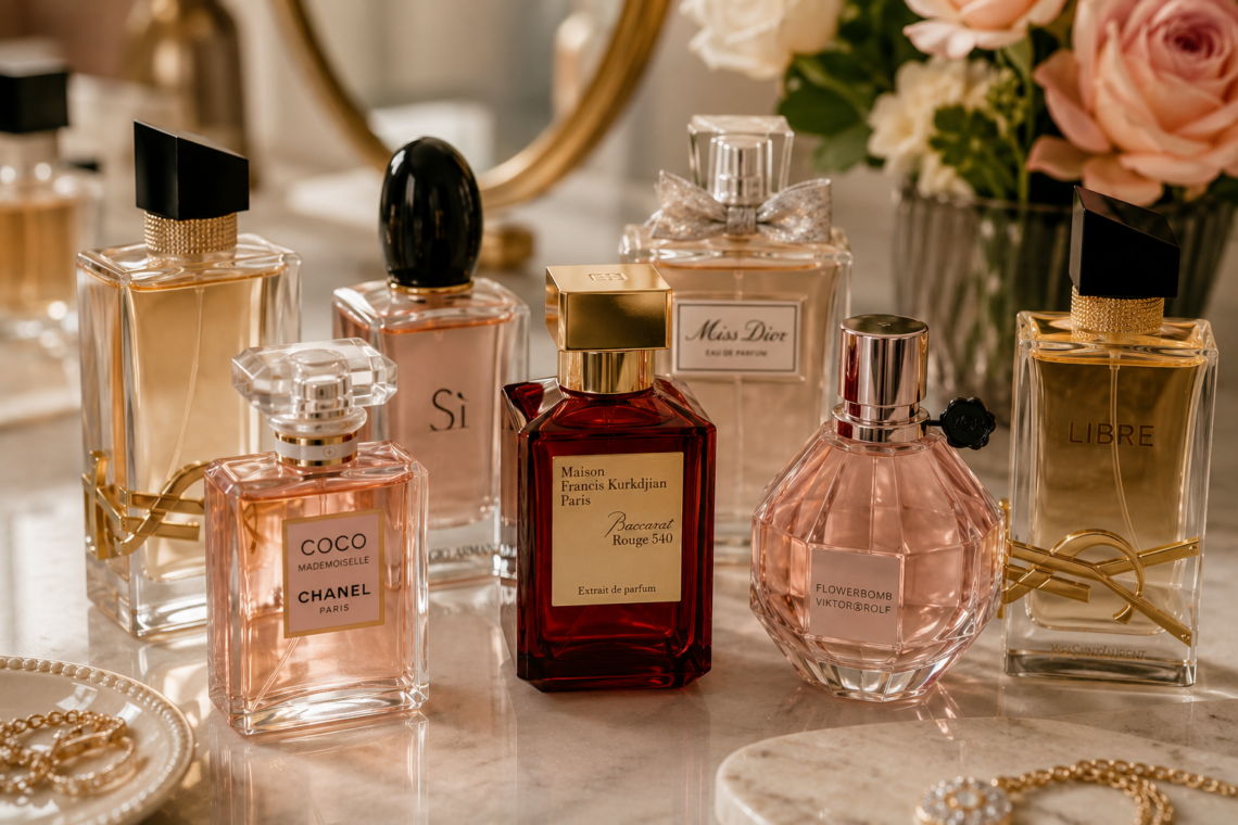 Perfumes that get the most compliments displayed in an elegant luxury fragrance collection.