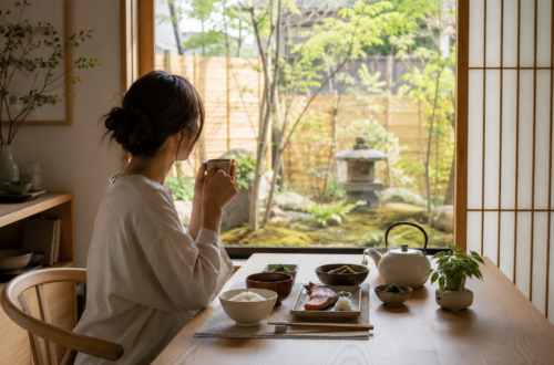 Japanese daily habits in a peaceful minimalist home with a healthy morning routine.