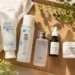 Japanese skincare routine products arranged on a wooden tray