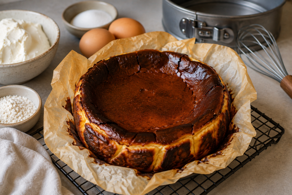 Basque burnt cheesecake baked at home with a caramelized top.